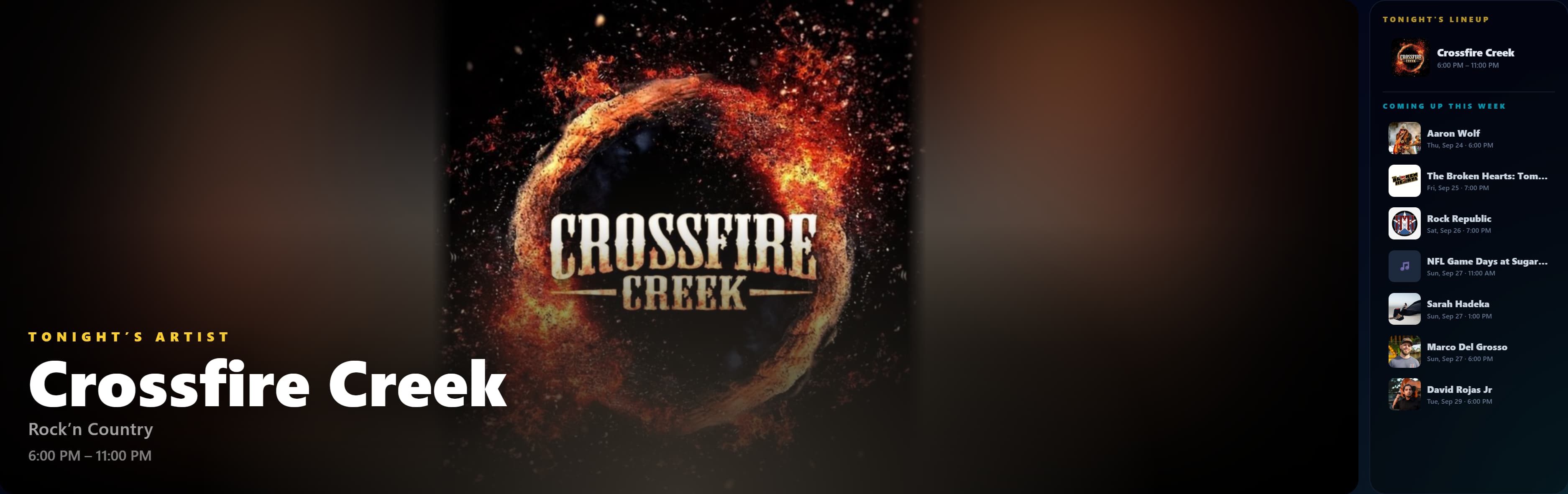 Real venue TV Board showing Crossfire Creek and the upcoming lineup